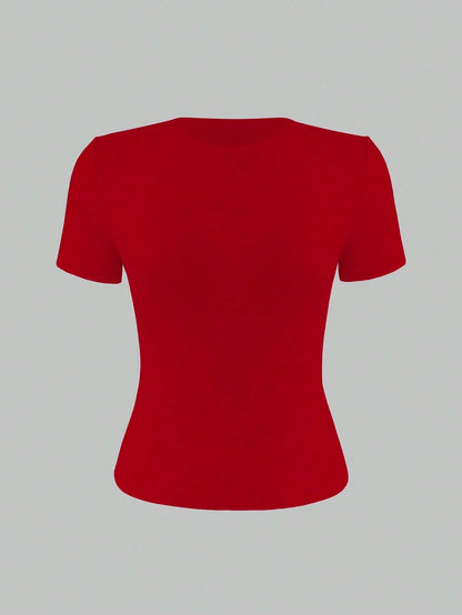 XLLAIS 2026 Small Round Neck Short Sleeve Tops Solid Basic Skinny Sport Fit Women Casual Red T-Shirt Four Season Near Year Red Top Summer