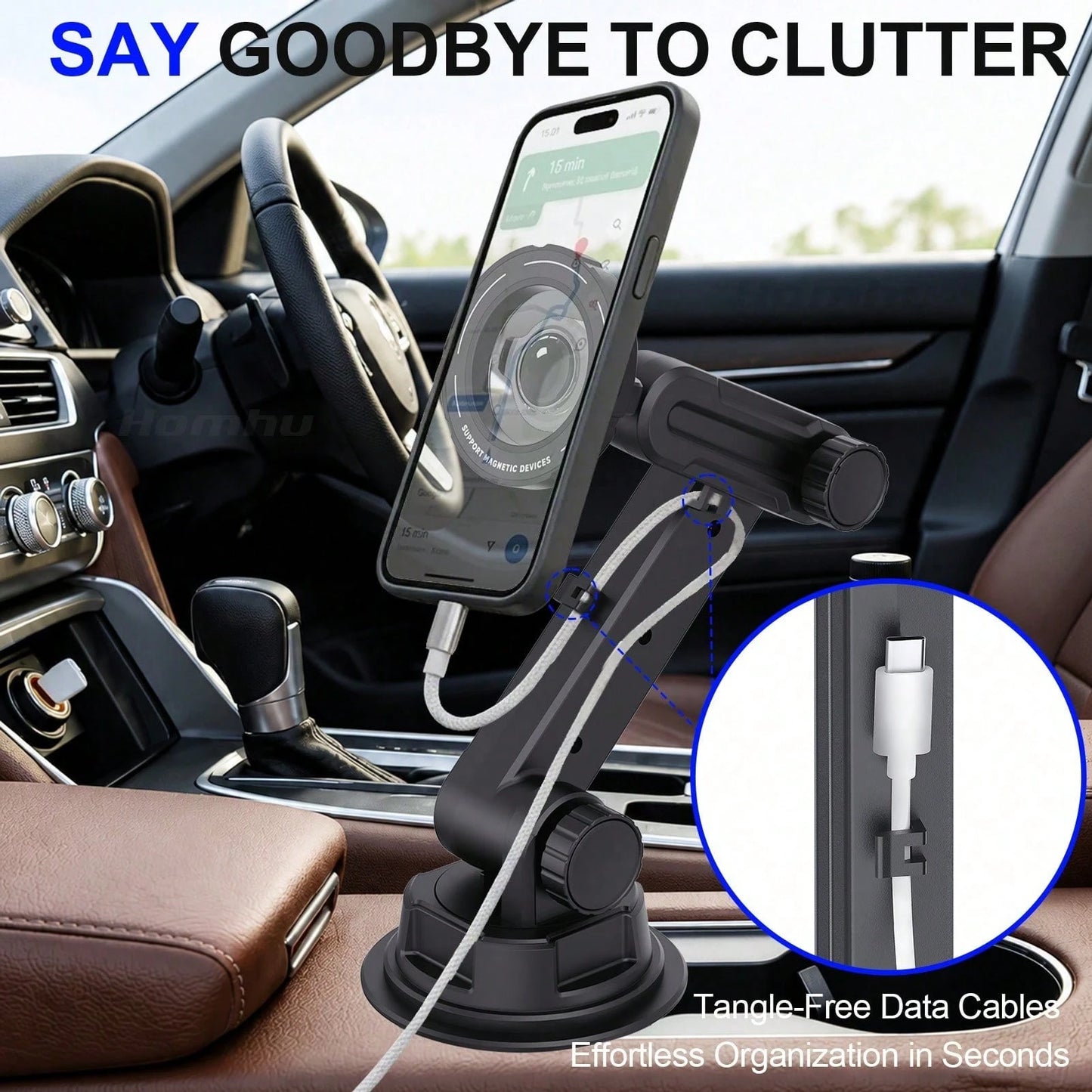 xnyocn Car Cup Holder Magnetic Phone Mount- Universal, Strong Suction, With Thick Pole And Cable Clip For Navigation
