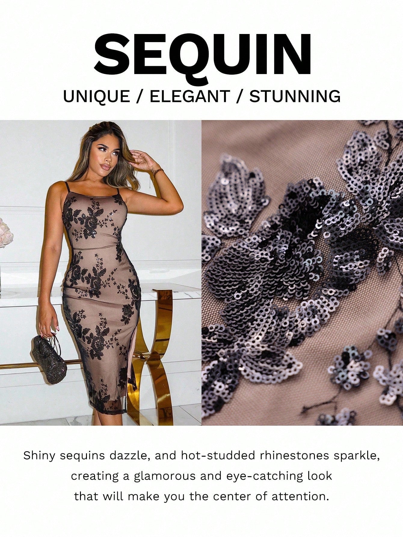 Xyvia Embroidered Sequin Embellishment Bodycon Midi Dress For Women