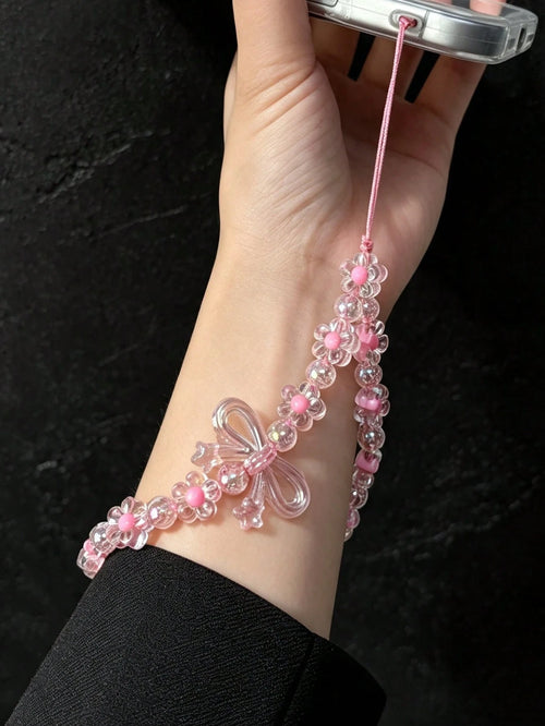 Y2K Pink Daisy Bow Phone Chain, Transparent Beaded Bracelet Wrist Strap, Cute Mobile Accessories Bag Pendant For Girls,Aesthetic Phone Case Accessories Gift For Bestie, Sweet Anti-Lost Phone Charm Bra
