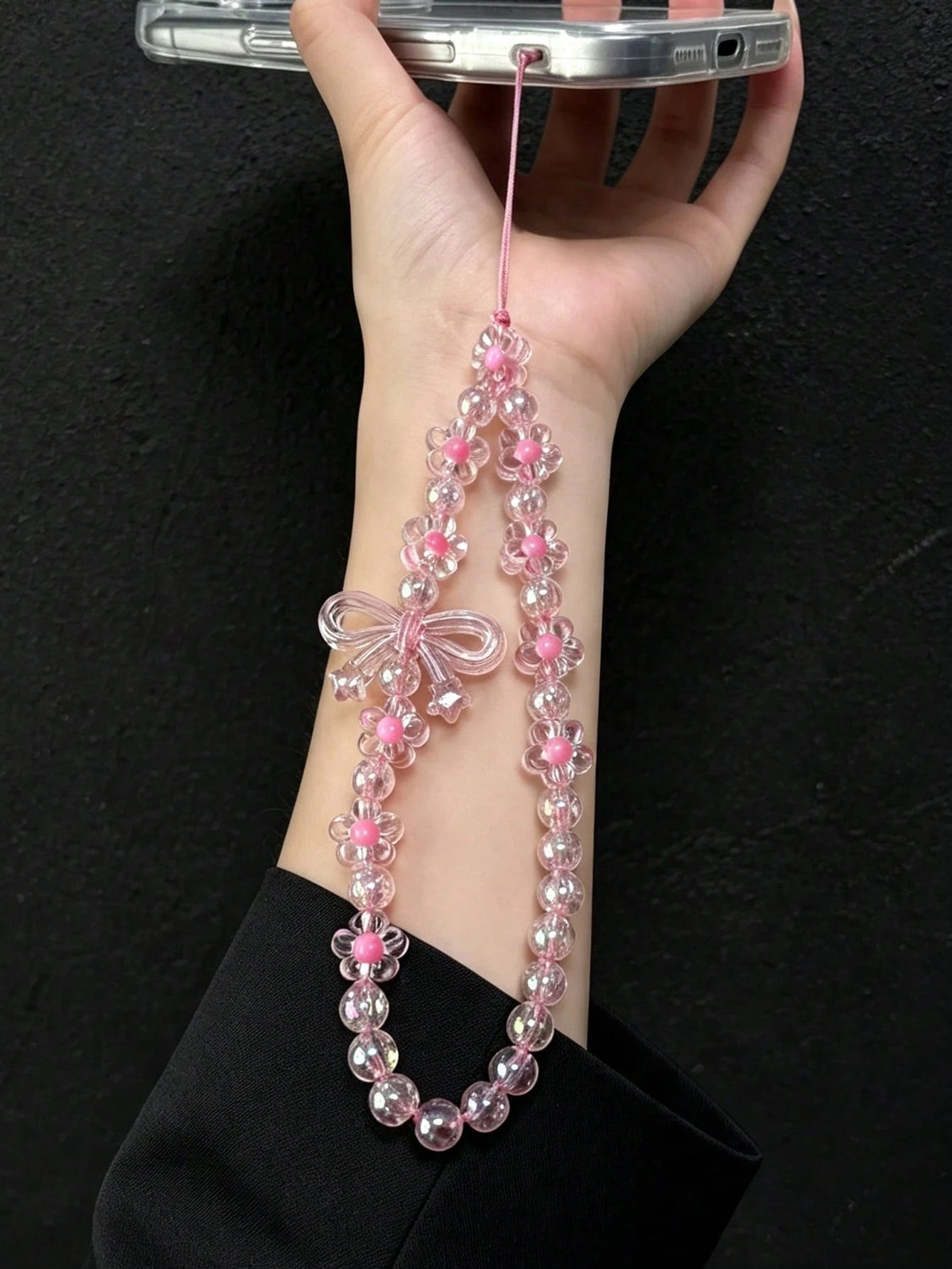 Y2K Pink Daisy Bow Phone Chain, Transparent Beaded Bracelet Wrist Strap, Cute Mobile Accessories Bag Pendant For Girls,Aesthetic Phone Case Accessories Gift For Bestie, Sweet Anti-Lost Phone Charm Bra