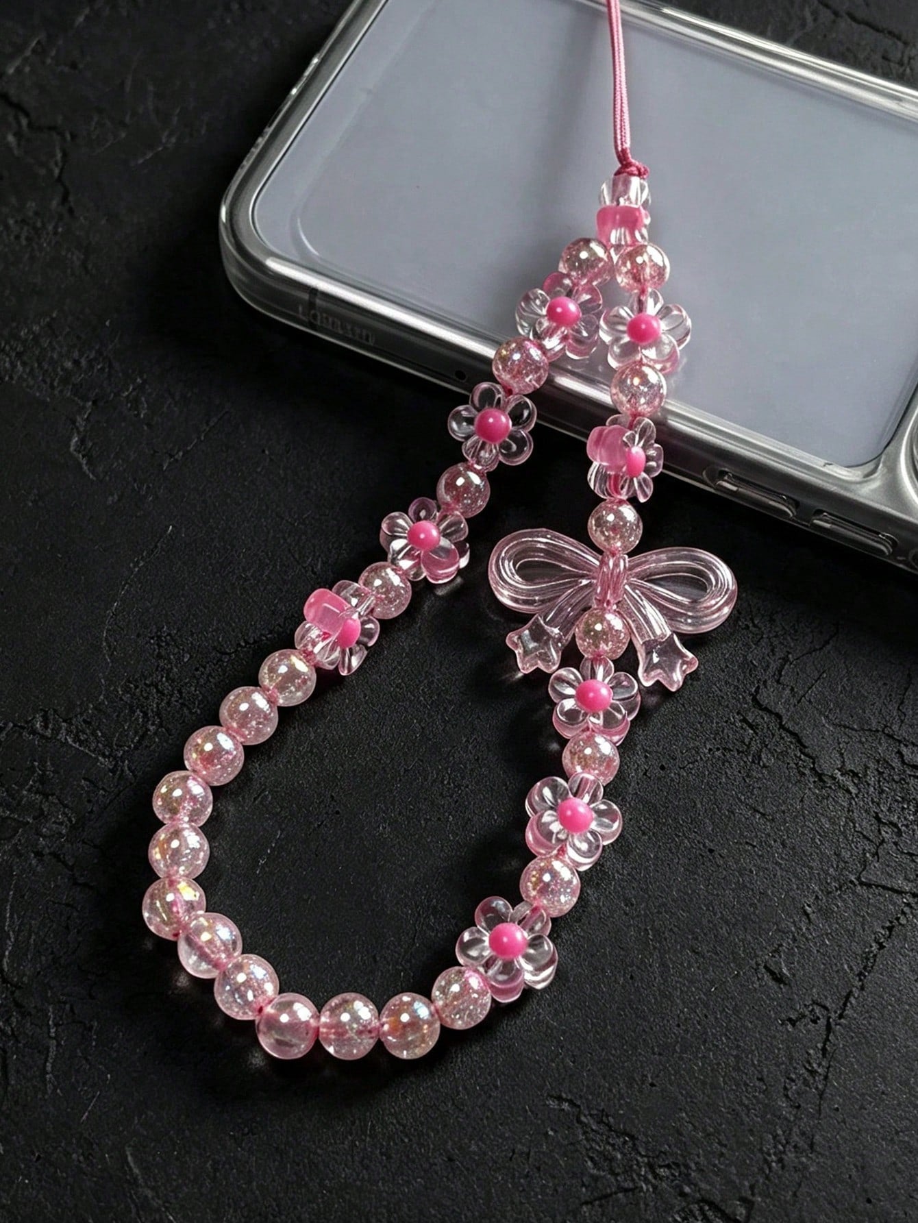 Y2K Pink Daisy Bow Phone Chain, Transparent Beaded Bracelet Wrist Strap, Cute Mobile Accessories Bag Pendant For Girls,Aesthetic Phone Case Accessories Gift For Bestie, Sweet Anti-Lost Phone Charm Bra