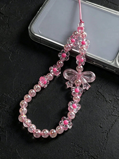 Y2K Pink Daisy Bow Phone Chain, Transparent Beaded Bracelet Wrist Strap, Cute Mobile Accessories Bag Pendant For Girls,Aesthetic Phone Case Accessories Gift For Bestie, Sweet Anti-Lost Phone Charm Bra