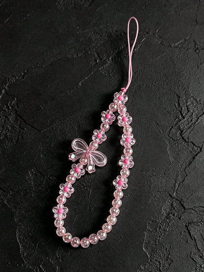 Y2K Pink Daisy Bow Phone Chain, Transparent Beaded Bracelet Wrist Strap, Cute Mobile Accessories Bag Pendant For Girls,Aesthetic Phone Case Accessories Gift For Bestie, Sweet Anti-Lost Phone Charm Bra