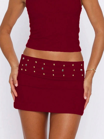 Y2K Studded Bodycon Mini Skirt For Women Low Rise Stretchy Fold Over Micro Skirts Summer Slim Fit Going Out Short Skirts Party Club Concert Streetwear
