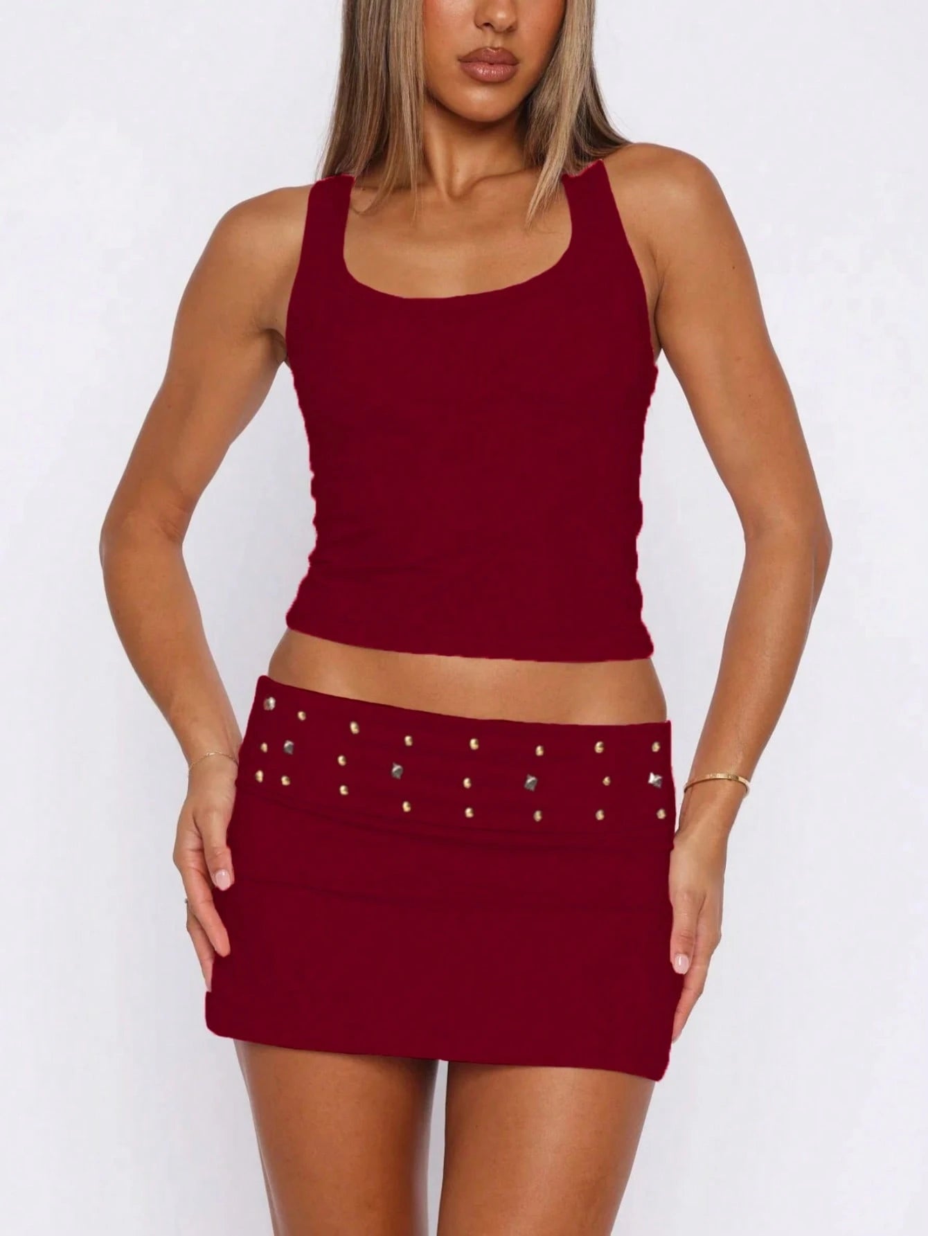 Y2K Studded Bodycon Mini Skirt For Women Low Rise Stretchy Fold Over Micro Skirts Summer Slim Fit Going Out Short Skirts Party Club Concert Streetwear