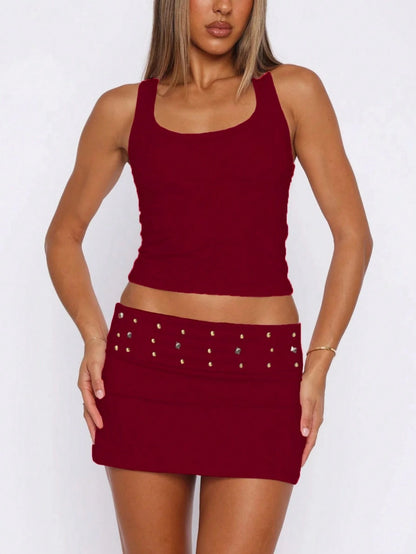 Y2K Studded Bodycon Mini Skirt For Women Low Rise Stretchy Fold Over Micro Skirts Summer Slim Fit Going Out Short Skirts Party Club Concert Streetwear