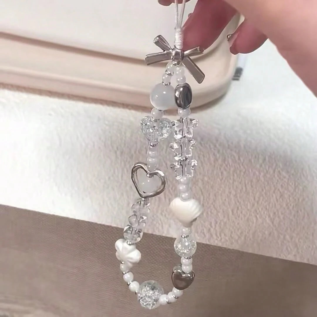 Y2K White Silver Heart Beaded Phone Charm, Aesthetic Bow Shell Crystal Cellphone Wrist Strap, Kawaii Bead Phone Lanyard Keychain Accessory Gift For Teen Girls Women