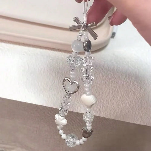Y2K White Silver Heart Beaded Phone Charm, Aesthetic Bow Shell Crystal Cellphone Wrist Strap, Kawaii Bead Phone Lanyard Keychain Accessory Gift For Teen Girls Women