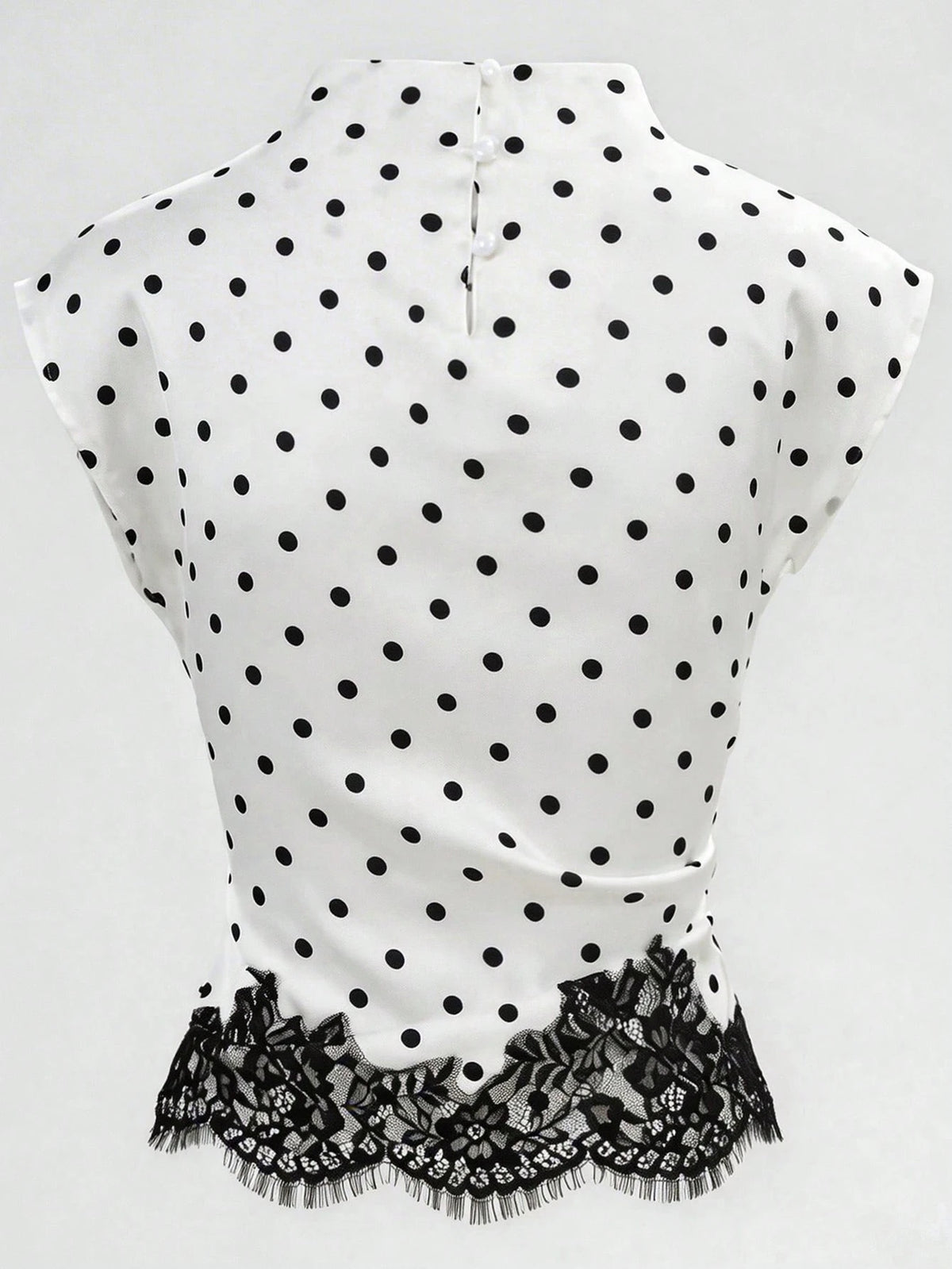 Yalmera Women's White With Black Polka Dots Stand Collar Asymmetric Ruffle Lace Splice Elegant Casual Summer Office Commute Daily Blouse Top