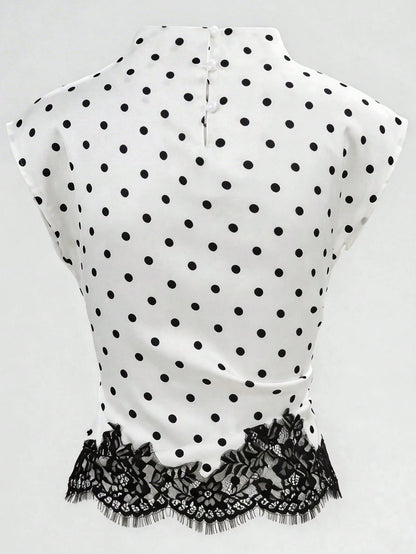 Yalmera Women's White With Black Polka Dots Stand Collar Asymmetric Ruffle Lace Splice Elegant Casual Summer Office Commute Daily Blouse Top