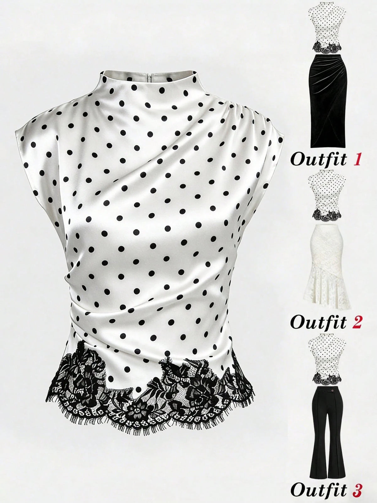 Yalmera Women's White With Black Polka Dots Stand Collar Asymmetric Ruffle Lace Splice Elegant Casual Summer Office Commute Daily Blouse Top
