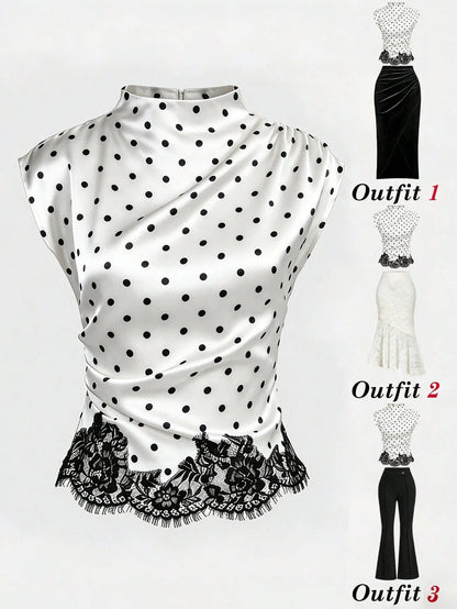 Yalmera Women's White With Black Polka Dots Stand Collar Asymmetric Ruffle Lace Splice Elegant Casual Summer Office Commute Daily Blouse Top