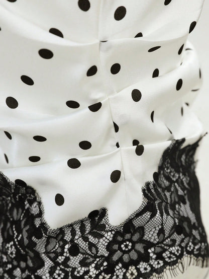 Yalmera Women's White With Black Polka Dots Stand Collar Asymmetric Ruffle Lace Splice Elegant Casual Summer Office Commute Daily Blouse Top
