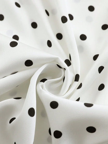 Yalmera Women's White With Black Polka Dots Stand Collar Asymmetric Ruffle Lace Splice Elegant Casual Summer Office Commute Daily Blouse Top