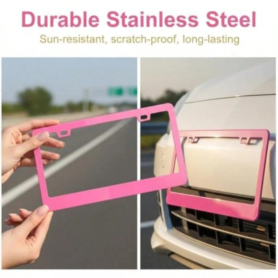 YFashion Slim Pink Matte License Plate Framtainl Steel License Plate Covers Weather Proof License Plate Holder For Women Slim Pink 2PCS1