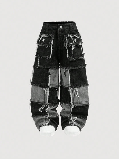 Young Boy Distressed Y2k Street Cool Raw Edge Stitching Loose Fit Straight Leg Denim Jeans With Pocket, For Spring And Summer Streetwear
