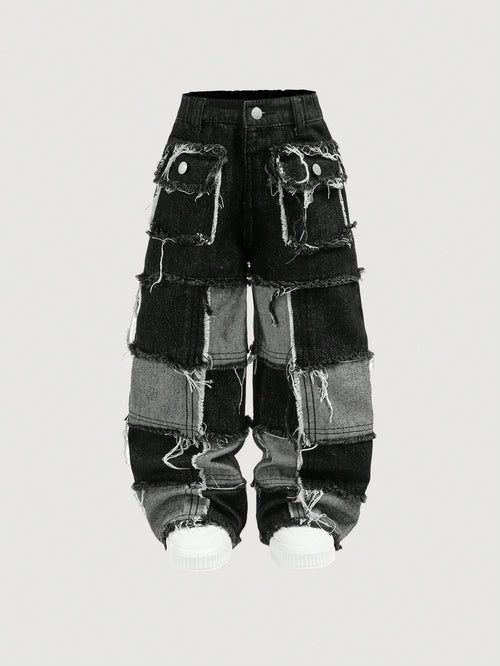 Young Boy Distressed Y2k Street Cool Raw Edge Stitching Loose Fit Straight Leg Denim Jeans With Pocket, For Spring And Summer Streetwear