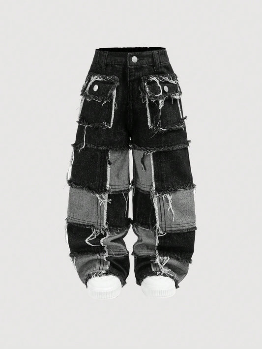 Young Boy Distressed Y2k Street Cool Raw Edge Stitching Loose Fit Straight Leg Denim Jeans With Pocket, For Spring And Summer Streetwear