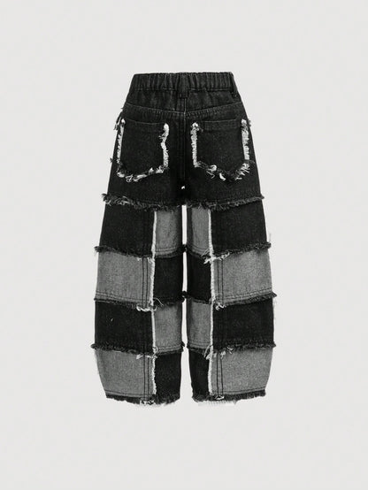 Young Boy Distressed Y2k Street Cool Raw Edge Stitching Loose Fit Straight Leg Denim Jeans With Pocket, For Spring And Summer Streetwear