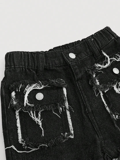 Young Boy Distressed Y2k Street Cool Raw Edge Stitching Loose Fit Straight Leg Denim Jeans With Pocket, For Spring And Summer Streetwear