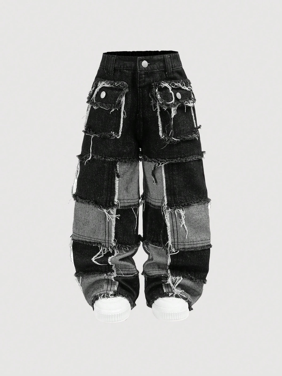 Young Boy Distressed Y2k Street Cool Raw Edge Stitching Loose Fit Straight Leg Denim Jeans With Pocket, For Spring And Summer Streetwear