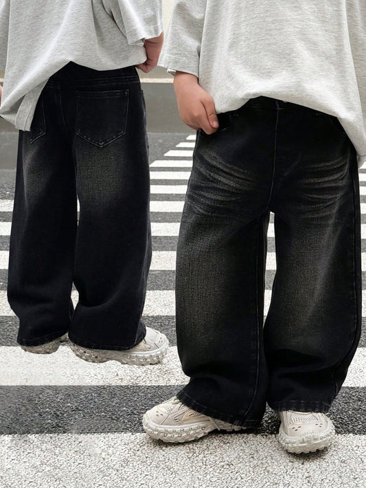Young Boy Fashionable Distressed Washed Cat Whiskers Baggy Loose Fit Black Denim Jeans, For Kids Daily Wear And Streetwear