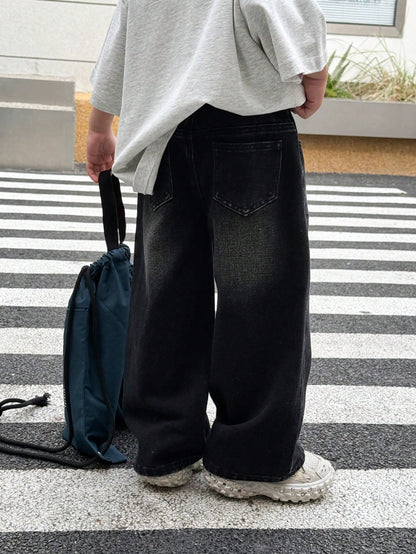 Young Boy Fashionable Distressed Washed Cat Whiskers Baggy Loose Fit Black Denim Jeans, For Kids Daily Wear And Streetwear