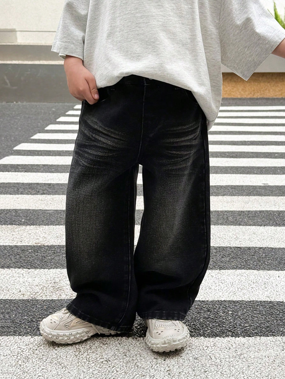 Young Boy Fashionable Distressed Washed Cat Whiskers Baggy Loose Fit Black Denim Jeans, For Kids Daily Wear And Streetwear