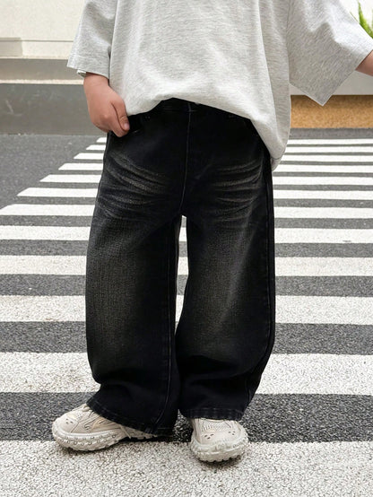 Young Boy Fashionable Distressed Washed Cat Whiskers Baggy Loose Fit Black Denim Jeans, For Kids Daily Wear And Streetwear