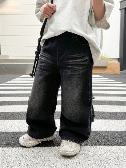 Young Boy Fashionable Distressed Washed Cat Whiskers Baggy Loose Fit Black Denim Jeans, For Kids Daily Wear And Streetwear