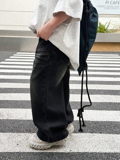 Young Boy Fashionable Distressed Washed Cat Whiskers Baggy Loose Fit Black Denim Jeans, For Kids Daily Wear And Streetwear