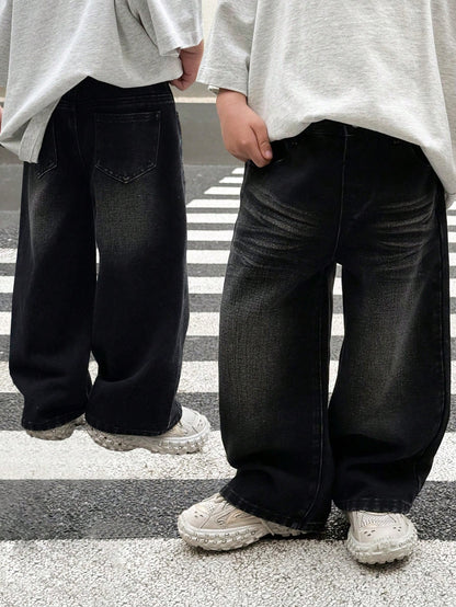 Young Boy Fashionable Distressed Washed Cat Whiskers Baggy Loose Fit Black Denim Jeans, For Kids Daily Wear And Streetwear