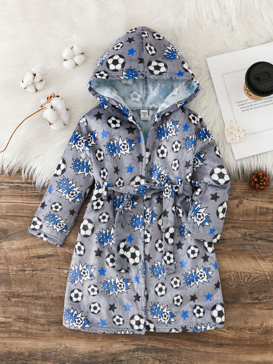 Young Boy Plush Knit Soccer Pattern Print Thermal Lined Thick Loungewear Robe