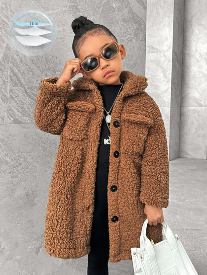 Young Girl Casual Coral Fleece Mid-Length Lapel Collar Long Sleeve Coat For Winter