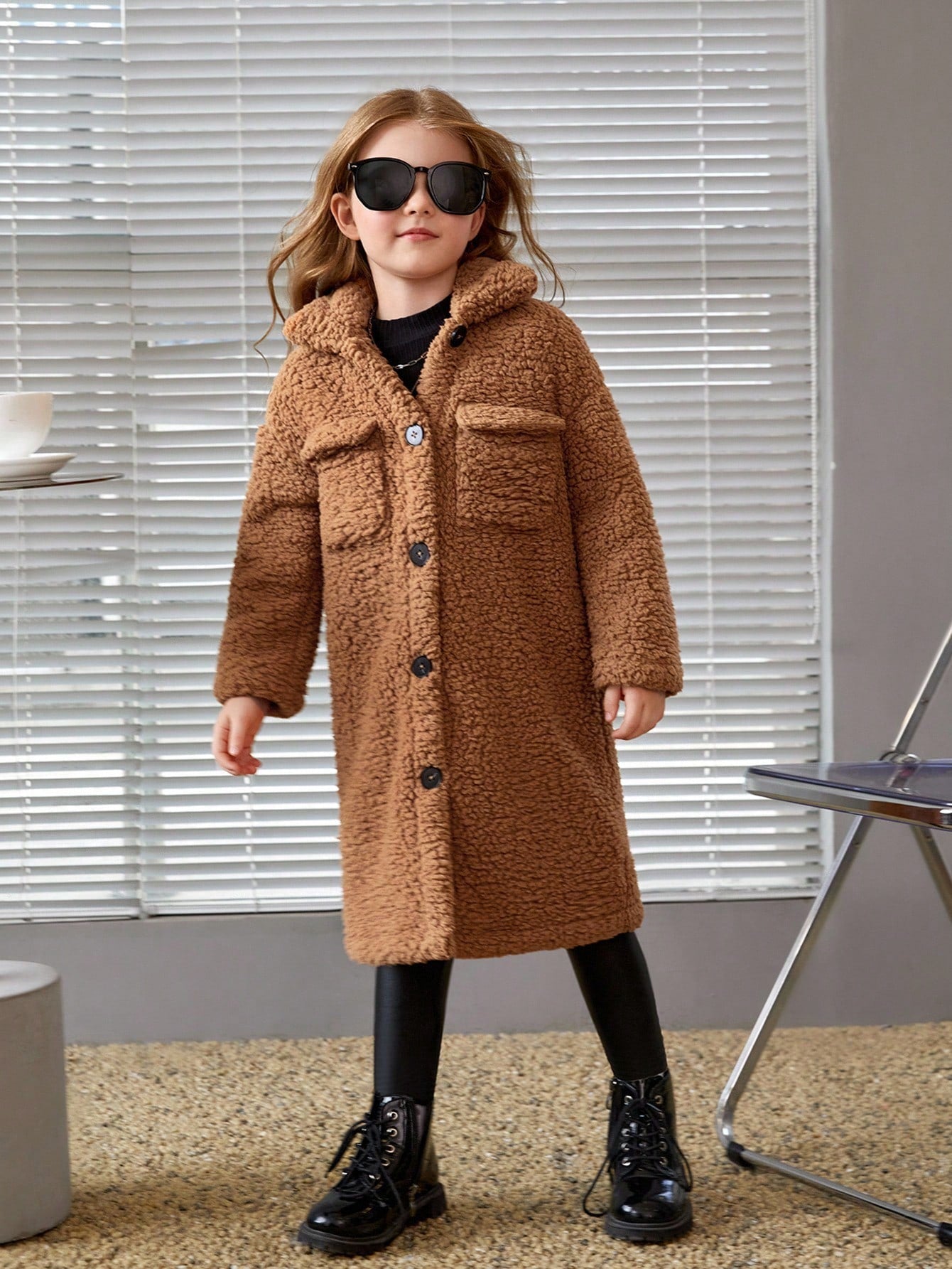 Young Girl Casual Coral Fleece Mid-Length Lapel Collar Long Sleeve Coat For Winter