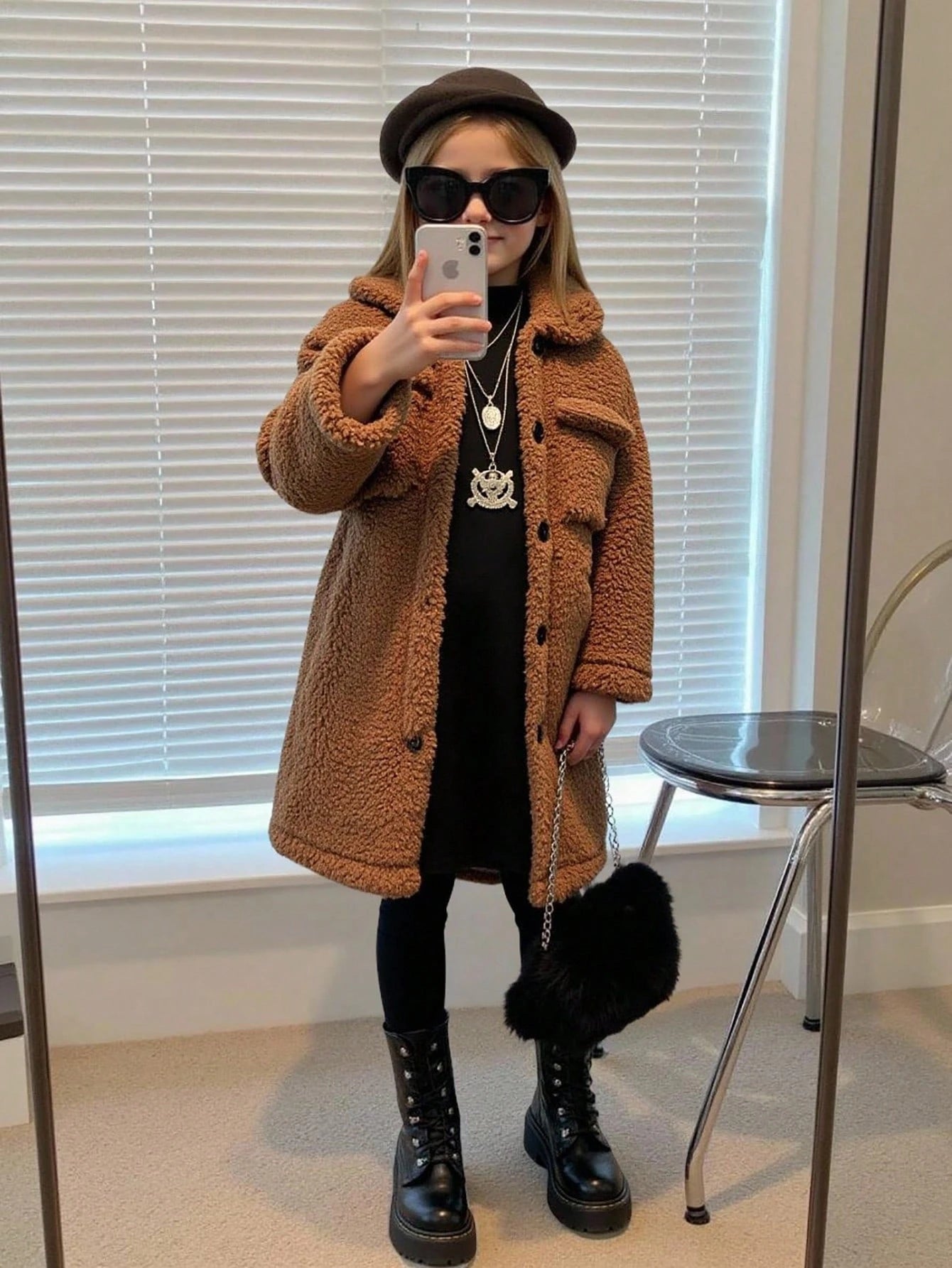 Young Girl Casual Coral Fleece Mid-Length Lapel Collar Long Sleeve Coat For Winter