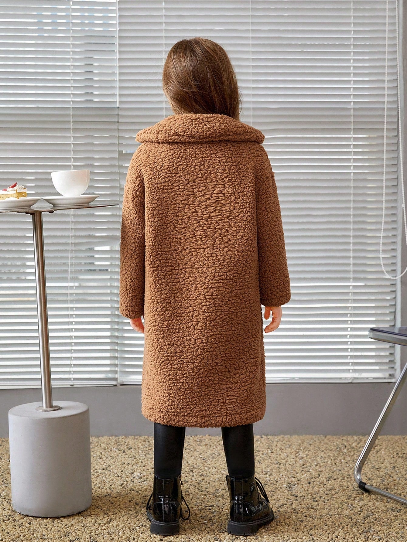 Young Girl Casual Coral Fleece Mid-Length Lapel Collar Long Sleeve Coat For Winter