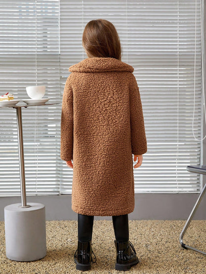 Young Girl Casual Coral Fleece Mid-Length Lapel Collar Long Sleeve Coat For Winter