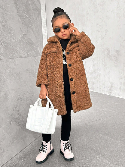 Young Girl Casual Coral Fleece Mid-Length Lapel Collar Long Sleeve Coat For Winter