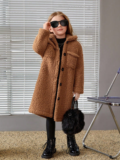 Young Girl Casual Coral Fleece Mid-Length Lapel Collar Long Sleeve Coat For Winter
