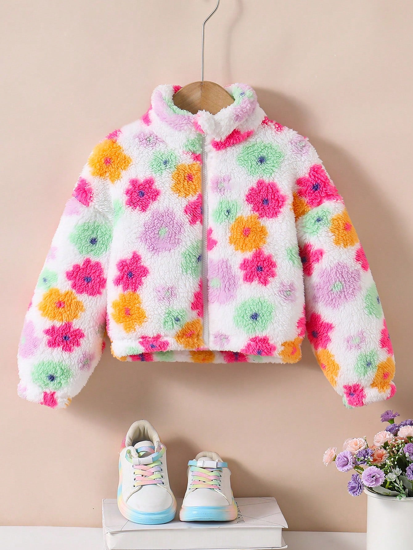 Young Girl Young Girl Colorful Flower Pattern Stand Collar Long Sleeve Zip Up Neck Thermal Autumn Jacket,Winter,Career Day,Fleece Cardigan Warm Comfortable