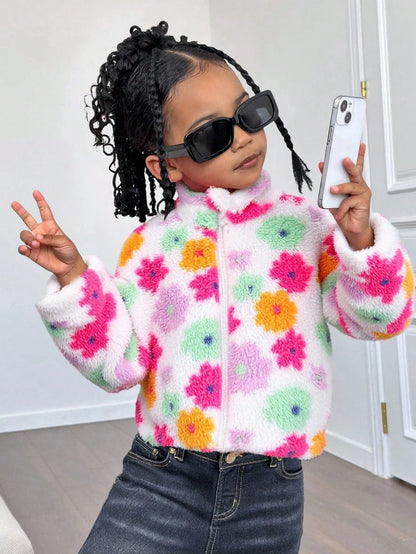 Young Girl Young Girl Colorful Flower Pattern Stand Collar Long Sleeve Zip Up Neck Thermal Autumn Jacket,Winter,Career Day,Fleece Cardigan Warm Comfortable