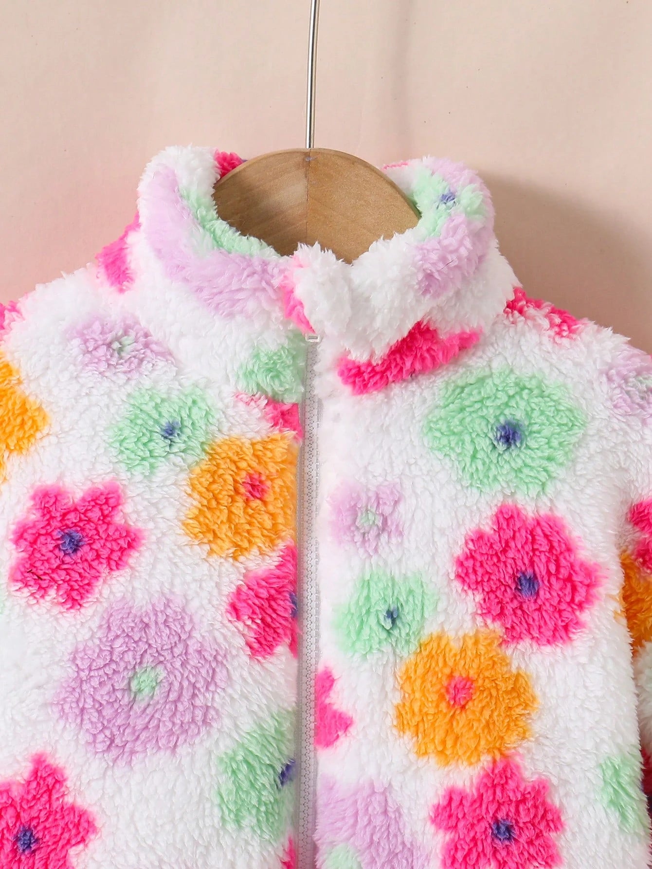 Young Girl Young Girl Colorful Flower Pattern Stand Collar Long Sleeve Zip Up Neck Thermal Autumn Jacket,Winter,Career Day,Fleece Cardigan Warm Comfortable