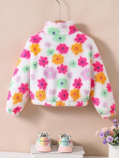 Young Girl Young Girl Colorful Flower Pattern Stand Collar Long Sleeve Zip Up Neck Thermal Autumn Jacket,Winter,Career Day,Fleece Cardigan Warm Comfortable