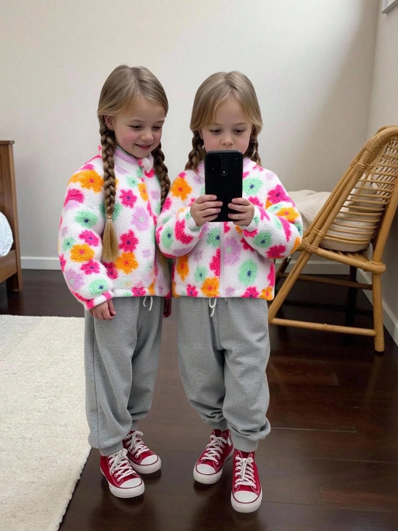 Young Girl Young Girl Colorful Flower Pattern Stand Collar Long Sleeve Zip Up Neck Thermal Autumn Jacket,Winter,Career Day,Fleece Cardigan Warm Comfortable