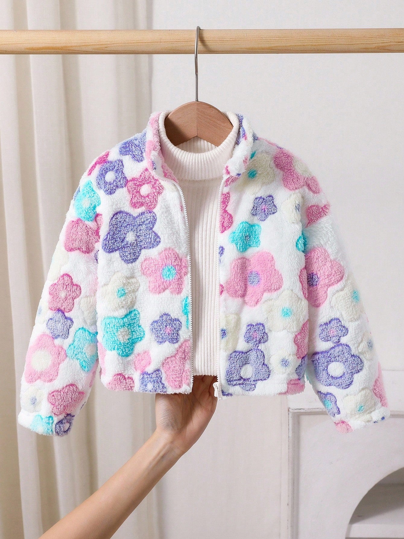 Young Girl Young Girl Colorful Flower Pattern Stand Collar Long Sleeve Zip Up Neck Thermal Autumn Jacket,Winter,Career Day,Fleece Cardigan Warm Comfortable