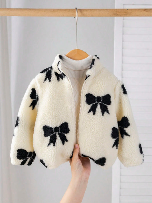 Young Girls Winter Career Day Fluffy Fleece Jacket,Cute Black Bow Print Zip-Up Stand Collar Plush Coat,Loose Casual Long Sleeve For Kids