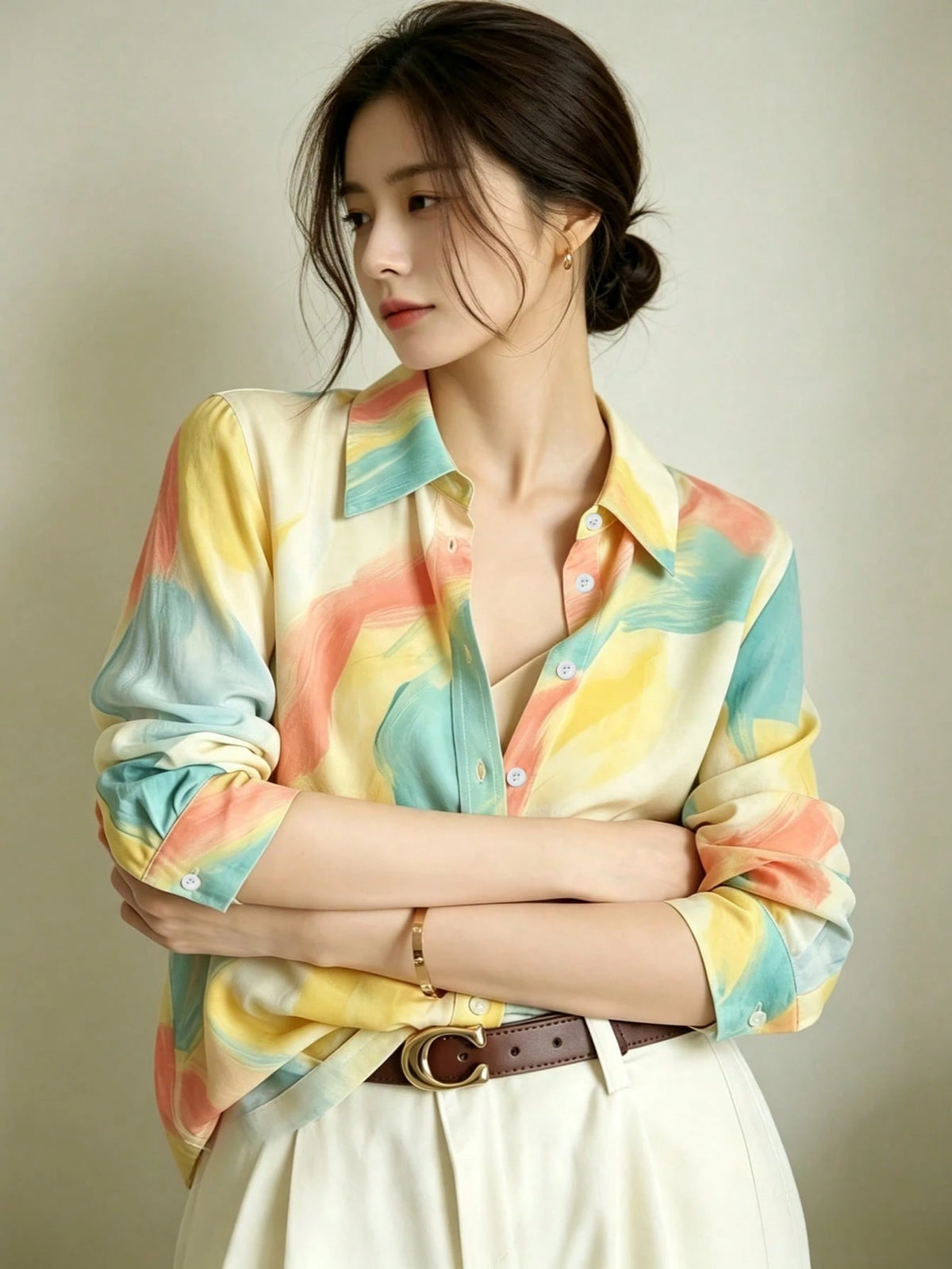 YUXIN Women's Satin Watercolor Blush Print Collared Shirt, Loose Long Sleeve Lightweight Breathable Top Yellow
