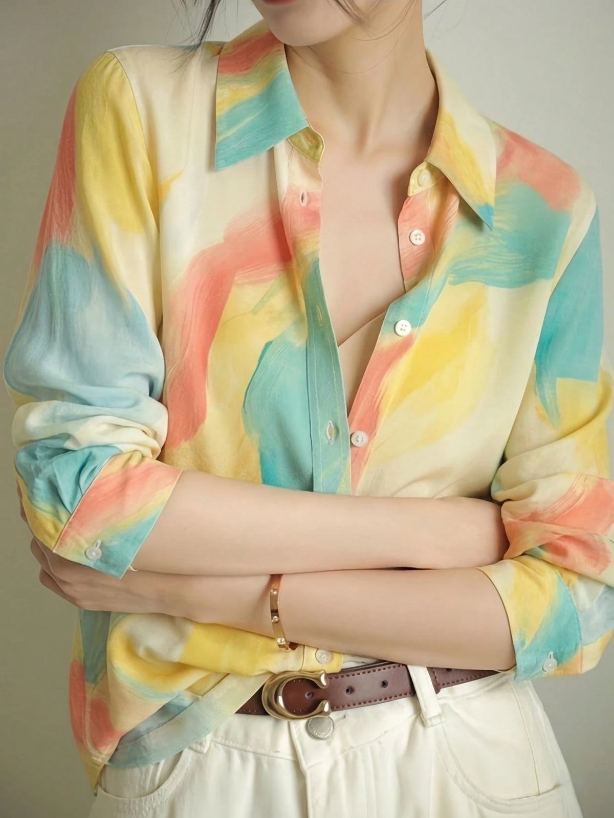 YUXIN Women's Satin Watercolor Blush Print Collared Shirt, Loose Long Sleeve Lightweight Breathable Top Yellow